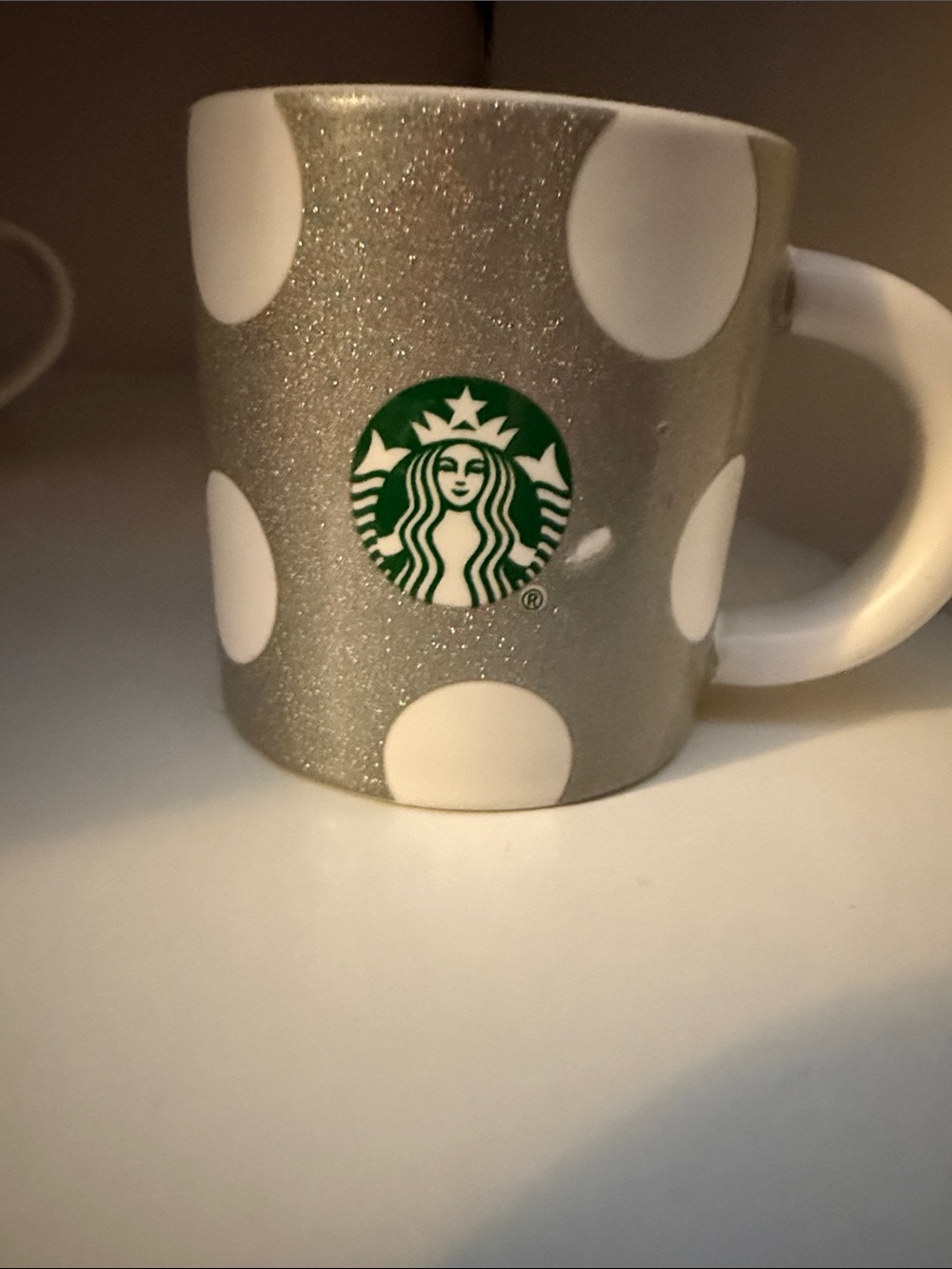Starbucks 3 oz Silver Glitter Mug with White Polka Dots and Green Logo 2019